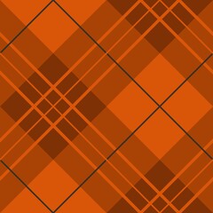 A geometric pattern features intersecting diagonal lines and squares in various shades of orange and brown. The design creates a plaid-like grid effect, offering a sense of symmetry and repetition.