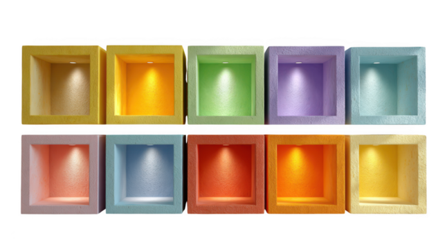 Collection of ten illuminated recessed display niches in various vibrant colors isolated on transparent background