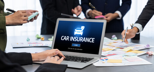 Analyst team use sticky note for creative and analytic brainstorm for business idea with BI data dashboard on laptop screen. Analysis financial data visualization tech for marketing strategy. Prodigy