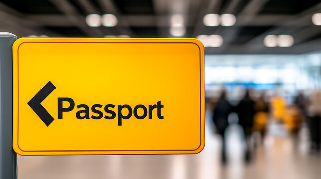 Passport Directional Signage: A sign in a public space indicates the direction to the passport control area with a bold arrow and the word "Passport."