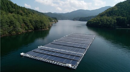 Solar panels are installed on a floating platform in a serene lake. Lush green mountains rise in the background under a clear blue sky, showcasing renewable energy solutions in nature.