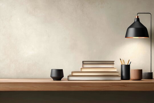 Stacked Books, Lamp, and Stationery on Wooden Surface against Beige Wall, Warm Lighting, Modern Design, Copy Space
