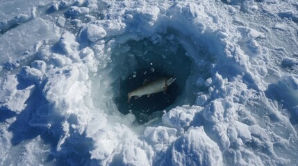 A trout lies on the icy surface, resting in the hole made for ice fishing. Snow blankets the surrounding area, showcasing a typical winter fishing experience.