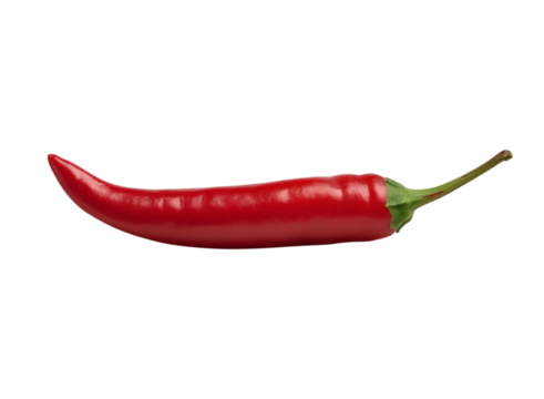 A red chili pepper, with its curved shape resembling the human body and tail, is placed isolated on a transparent background in PNG format.