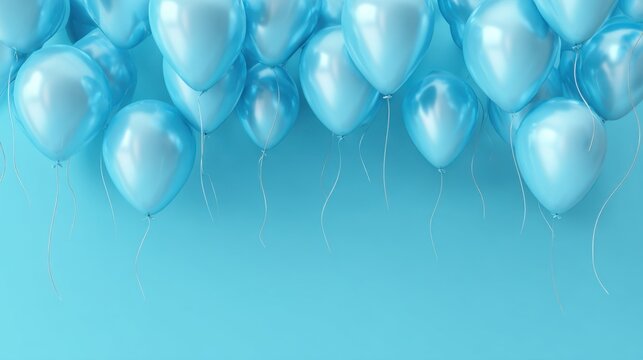 A collection of shiny blue balloons hangs against a soft blue backdrop, creating a festive atmosphere suitable for parties and celebrations. The balloons add a cheerful touch to any occasion.
