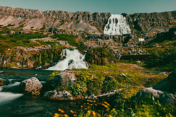 Dynjandi Waterfall volcanic landscape in Iceland