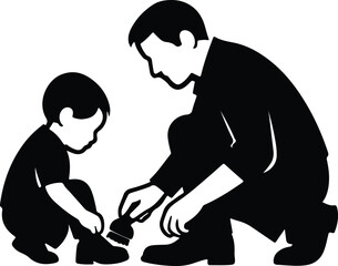 Silhouette father helping son with shoes vector Illustrator