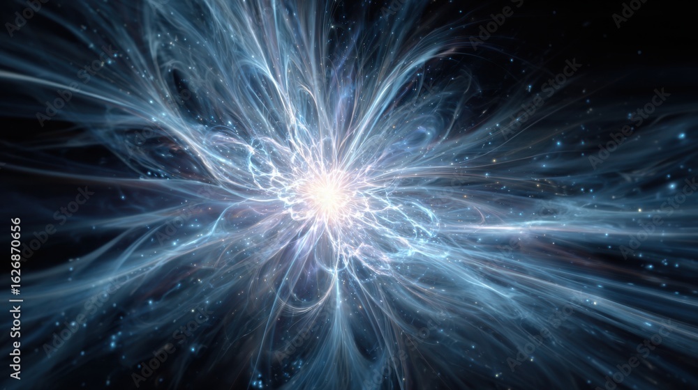 Poster a vibrant cosmic explosion features swirling energy patterns and radiating light set against a dark 