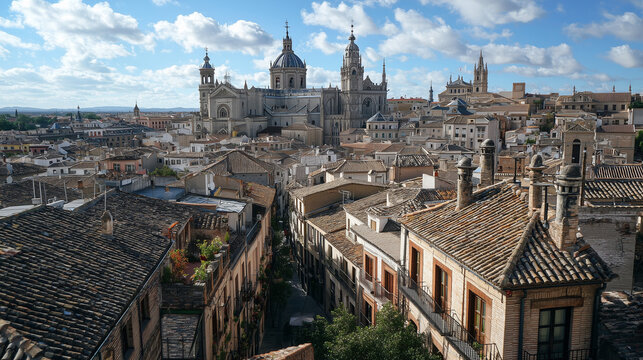 Rooftop view of Toledo with cathedral in background
