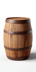 Obraz premium Wooden barrel with metal hoops on white background