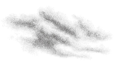 Compact monochrome stippled cloud shape with pixel grain and bitmap dots. Grunge 8-bit dither texture mimics digital static and organic fog. Vector illustration, retro halftone, noise pattern