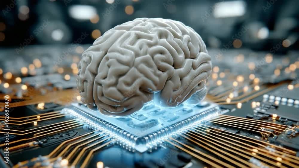 Poster brain on chip: an illuminated brain model sits atop a microchip, a striking image embodying artifici