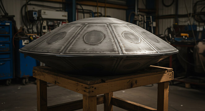 Large metallic disc-shaped object, resembling a futuristic craft or gong, resting on a wooden stand in an industrial workshop environment.
