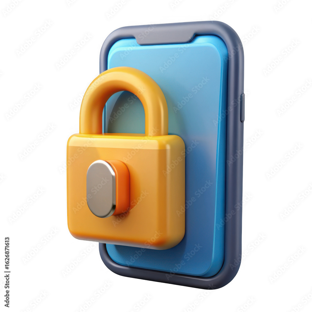 Poster 3d render of padlock on smartphone isolated on transparent background
