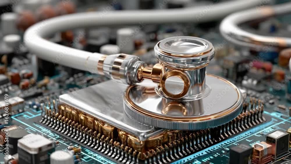 Poster digital circuit health check: a close-up shot showing a stethoscope positioned on a computer circuit