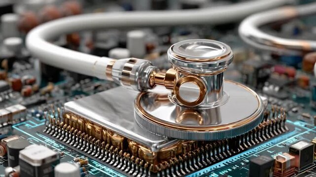 Digital Circuit Health Check: A close-up shot showing a stethoscope positioned on a computer circuit board, symbolizing technology diagnostics and data health - Powered by Adobe