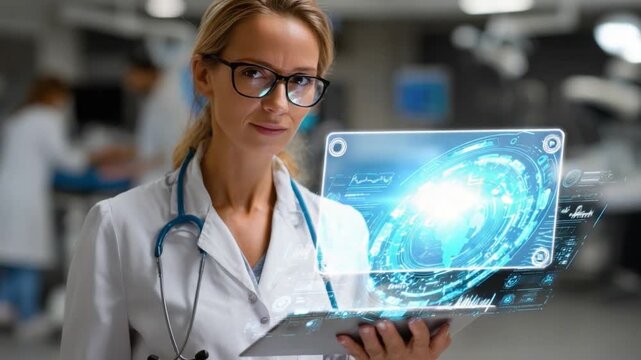Visionary Doctor: A focused and competent female doctor, adorned with glasses and a stethoscope, stands confidently while examining a futuristic hologram in a state-of-the-art medical facility.
