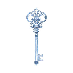 Vintage watercolor key in blue color with ornate details and sun symbol. Perfect for mystical designs, invitations, astrology themes, and antique decorative projects.
