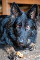 Fototapeta premium A playful black dog with warm brown eyes rests on a rustic floor, attentively holding a treat. The cozy atmosphere invites a sense of relaxation and companionship