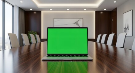 Modern Conference Room with Laptop and Green Screen on Table