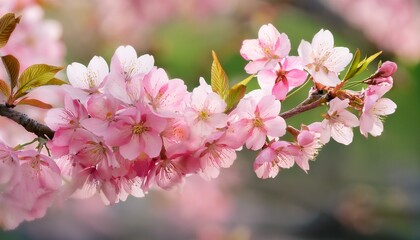 a pink cherry blossom branch with delicate pink flowers and green leaves against a blurred soft focus background