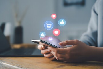 Digital Interface Interaction: A person engages with a smartphone, as social media icons float above, symbolizing the digital world's omnipresence and ease of modern connectivity.