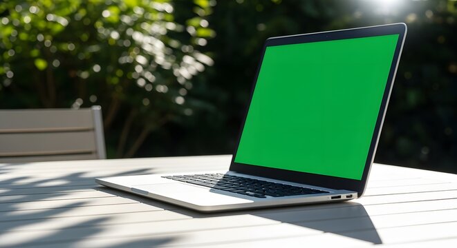 Modern Laptop with Green Screen on Outdoor Table in Bright Sunlight
