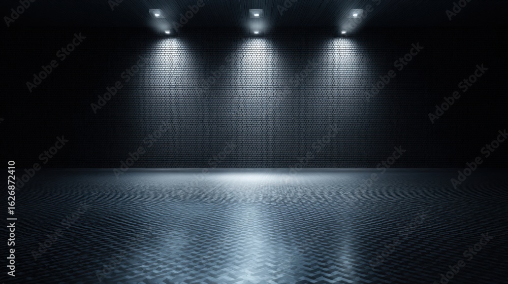 Aufkleber an empty industrial space features three overhead lights that cast dramatic shadows on textured wall