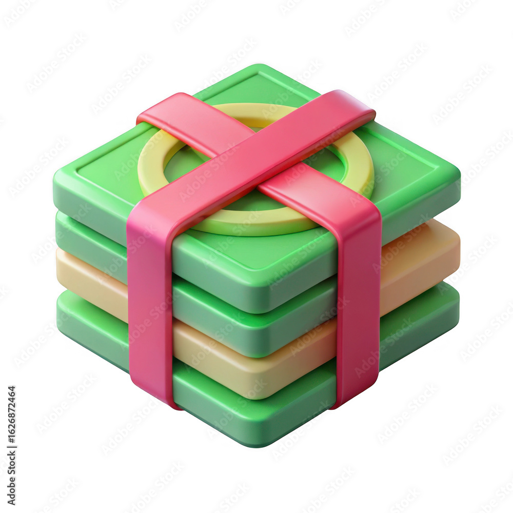 Poster stack of green and beige blocks tied with pink ribbon isolated on transparent background