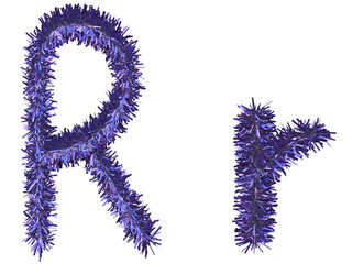 Shiny purple tinsel in letter R. 3d rendering.	