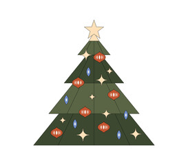 Stylized Christmas tree adorned with ornaments and star topper, featuring geometric shapes and a festive, minimalist design perfect for holiday greetings and seasonal decor