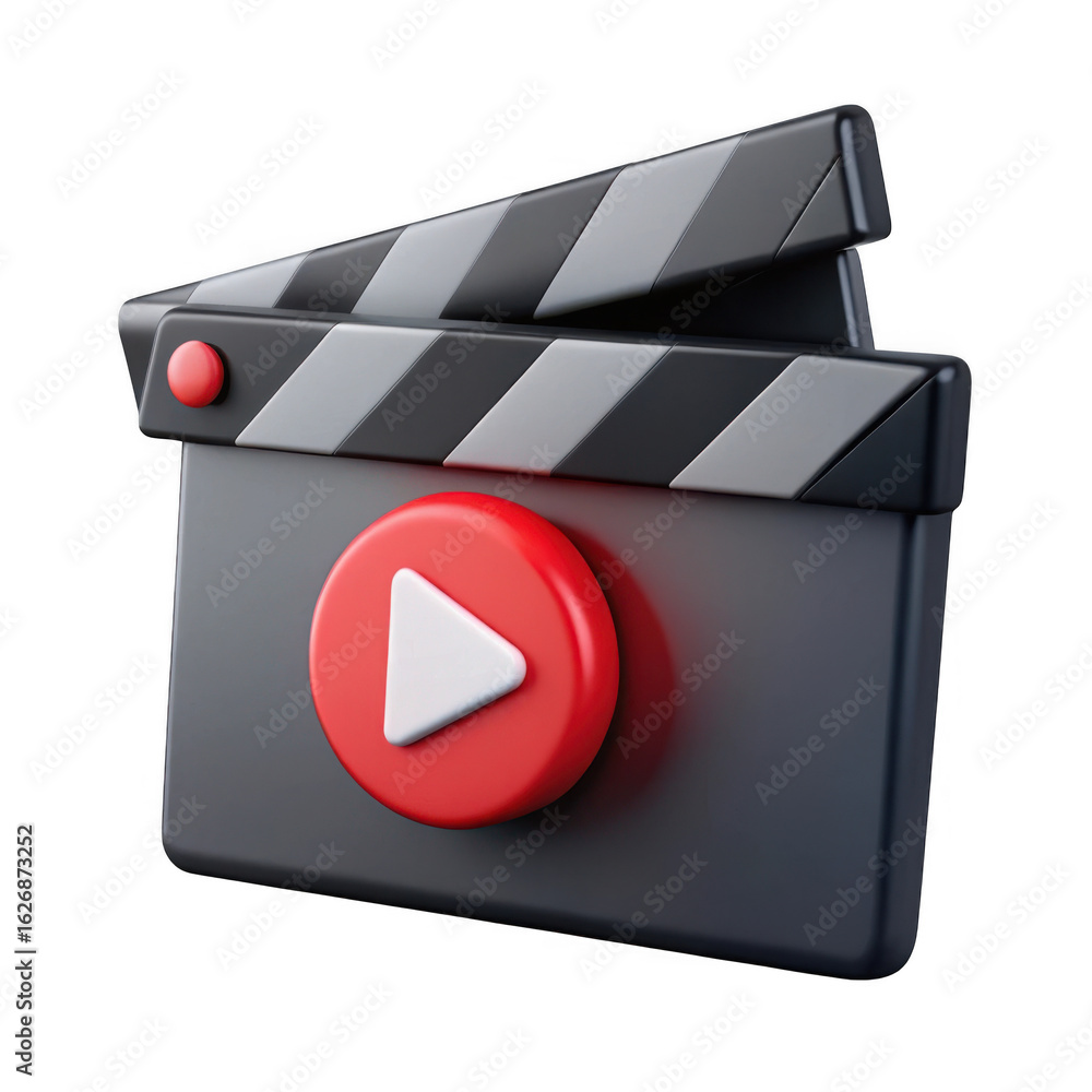 Poster 3d clapperboard with play button isolated on transparent background