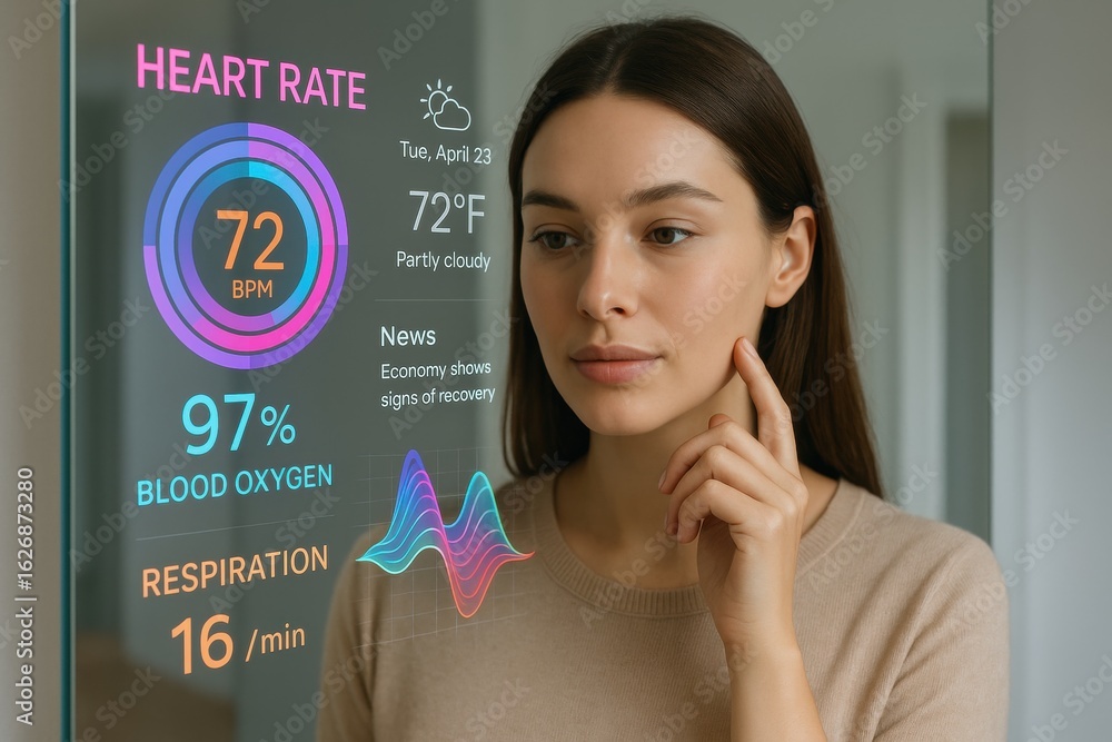 Poster smart mirror reflection: a woman examines her reflection in a futuristic smart mirror, its surface d