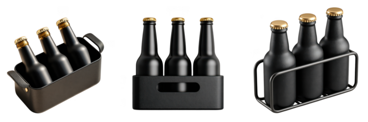 Three different dark glass beer bottles in carriers isolated on transparent background