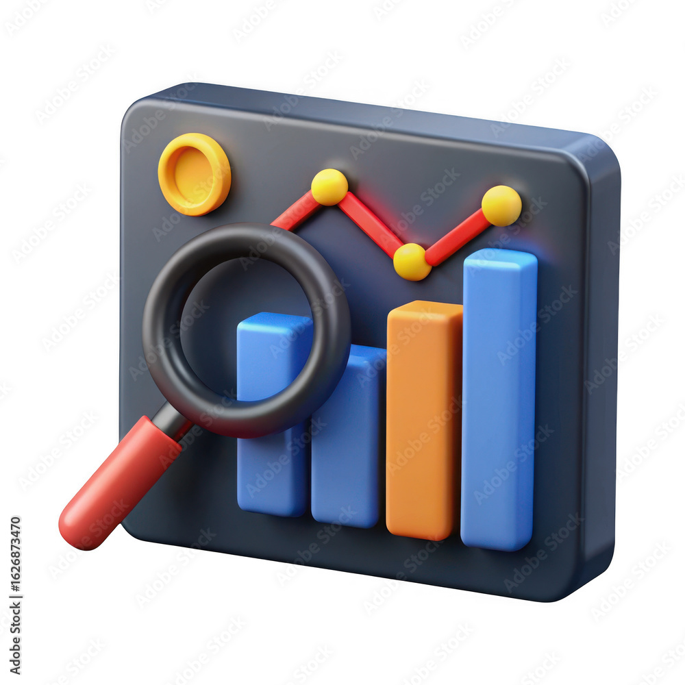 Poster 3d render of data analysis chart with magnifying glass isolated on transparent background