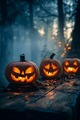 Eerie Halloween Night: Glowing Jack-o'-Lanterns on Rustic Wooden Table in Misty Forest