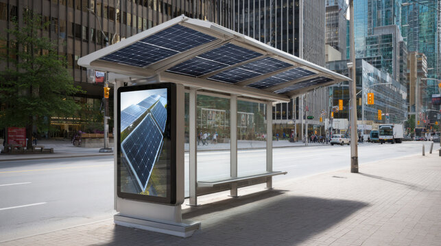 Solar powered bus shelter with digital screen showing solar panels city street scene