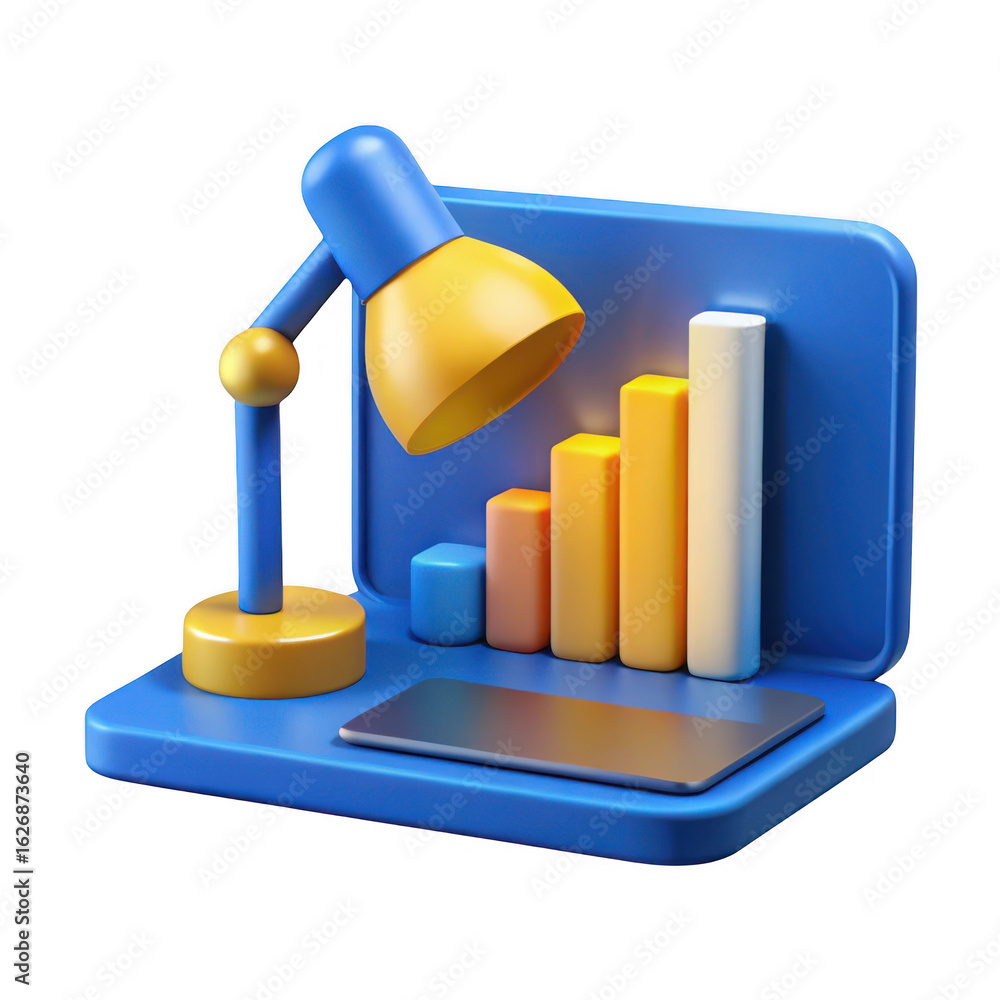 Poster 3d render of desk lamp and graph on laptop isolated on transparent background