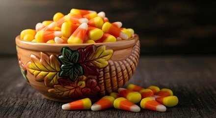 close-up shot of a vintage candy corn bowl, overflowing with candy
