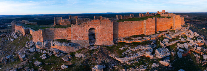 Aerial view from a drone of Gormaz Castle, the largest Caliphate fortress in Europe. Province of...