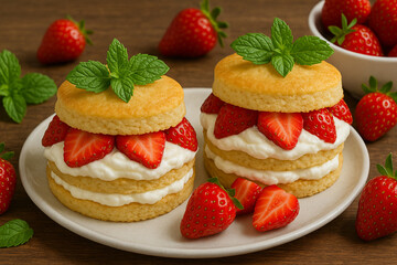 Homemade Strawberry Shortcake with Fresh Cream and Mint Garnish on a Plate. Classic Dessert Presentation