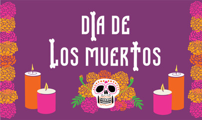 Festive Dia de Los Muertos illustration, decorative sugar skull surrounded by vibrant orange and pink marigold flowers with lit candles on a purple background