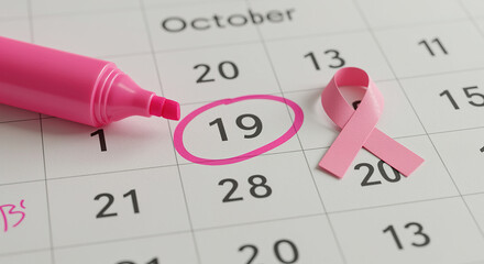 October Breast Cancer Awareness Month Marked on Calendar with Pink Ribbon and Marker Focused on Prevention