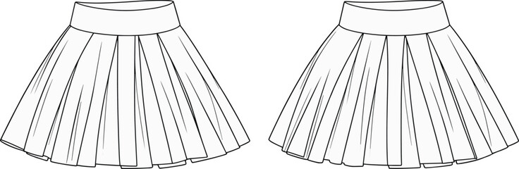 Pleated skirts front view, waistband detail, fashion illustration, skirt design template, clothing sketch, garment style, apparel drawing, fashion wear