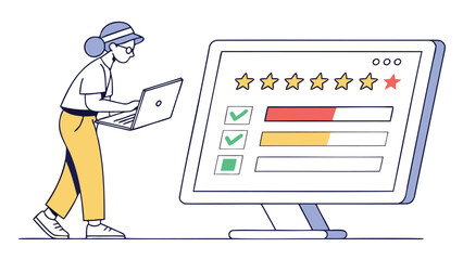 Woman with laptop providing feedback on a monitor showing ratings and progress bars being reviewed