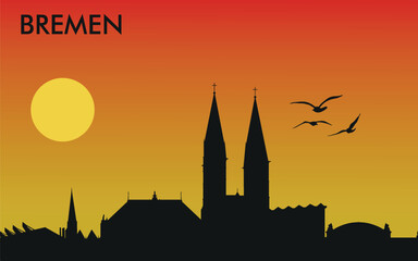 Naklejka premium a stylized Silhouette of Bremen at sunset: birds, gradient from orange to yellow. 