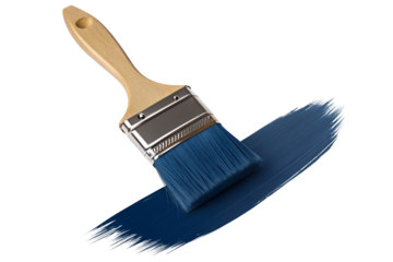 Wooden handle brush with blue bristles painting a blue stroke on a smooth black background