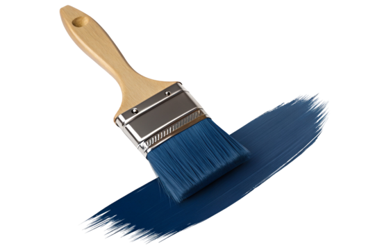 Wooden handle brush with blue bristles painting a blue stroke on a smooth black background