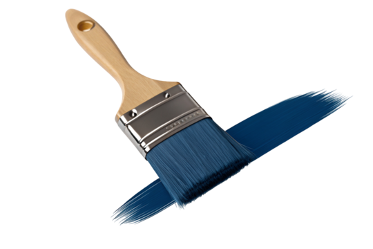 Wooden handle paintbrush with blue paint stroke on plain white background showcasing painting tools