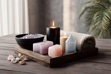 Spa setting featuring various candles, colorful soap bars, crystals, and a towel arranged on a wooden tray, creating a serene and relaxing atmosphere for self-care and wellness